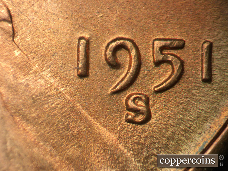 Die-stage B marker on 1951S•1MM•027 (1951 Repunched Mint Mark).