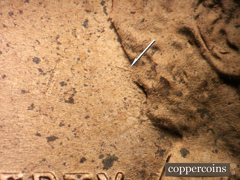 Die-stage B marker on 1952D•1DO•001 (1952 Doubled Die Obverse).