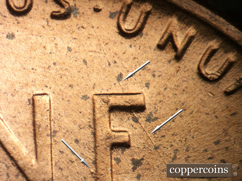 Die-stage B marker on 1952D•1DO•001 (1952 Doubled Die Obverse).
