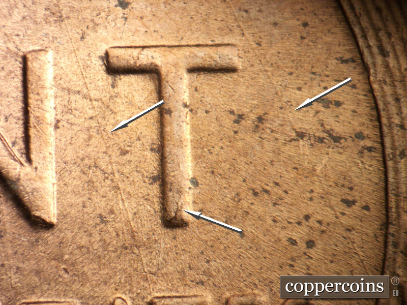 Die-stage B marker on 1952D•1DO•001 (1952 Doubled Die Obverse).