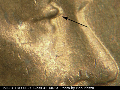 Die-stage B marker on 1952D•1DO•002 (1952 Doubled Die Obverse).