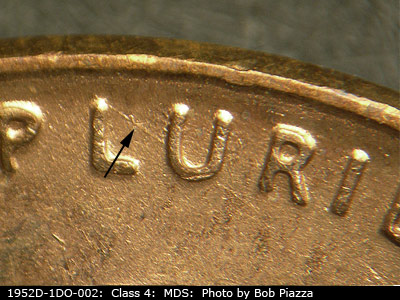 Die-stage B marker on 1952D•1DO•002 (1952 Doubled Die Obverse).