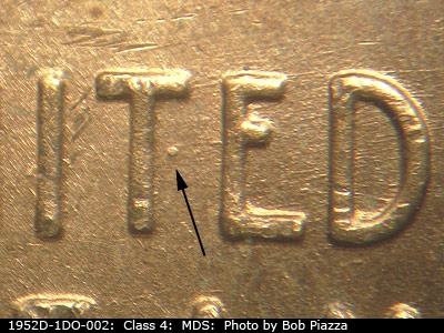 Die-stage B marker on 1952D•1DO•002 (1952 Doubled Die Obverse).