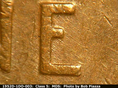 Die-stage B marker on 1952D•1DO•003 (1952 Doubled Die Obverse).