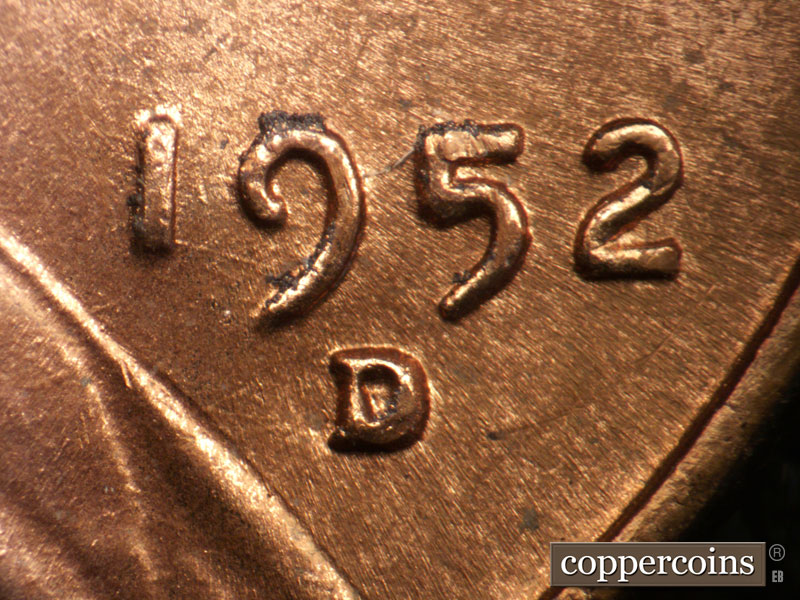 Die-stage B marker on 1952D•1DO•004 (1952 Doubled Die Obverse).