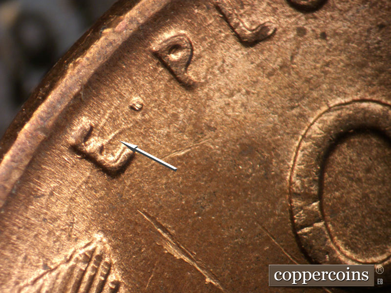 Die-stage B marker on 1952D•1DO•004 (1952 Doubled Die Obverse).