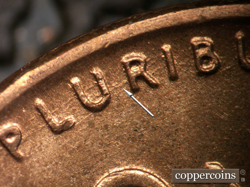 Die-stage B marker on 1952D•1DO•004 (1952 Doubled Die Obverse).