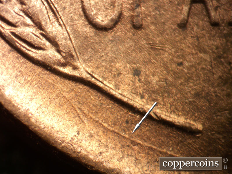 Die-stage B marker on 1952D•1DO•004 (1952 Doubled Die Obverse).