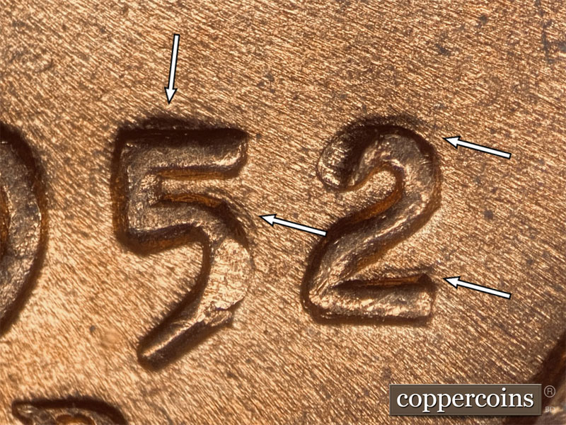 1952 Lincoln cent obverse, CopperCoins die 1952D•1DO•005.