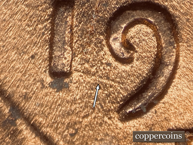 Die-stage B marker on 1952D•1DO•005 (1952 Doubled Die Obverse).