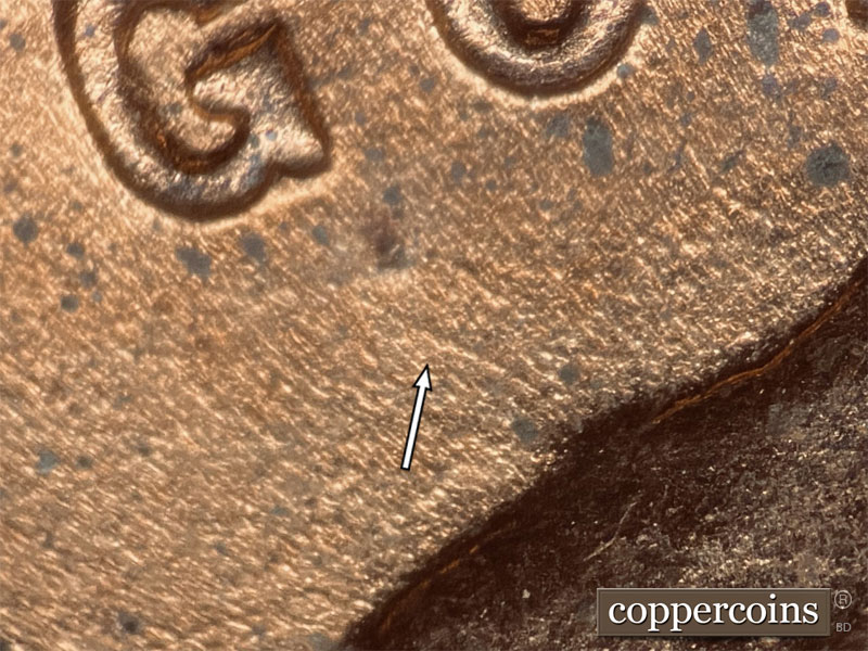 Die-stage B marker on 1952D•1DO•005 (1952 Doubled Die Obverse).