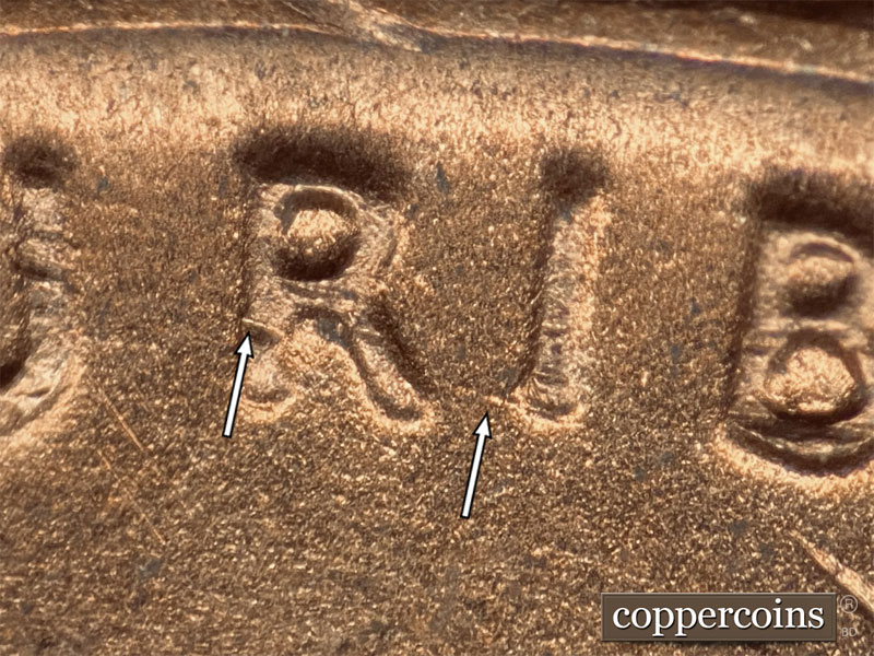 Die-stage B marker on 1952D•1DO•005 (1952 Doubled Die Obverse).