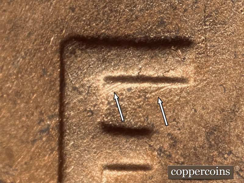 Die-stage B marker on 1952D•1DO•005 (1952 Doubled Die Obverse).
