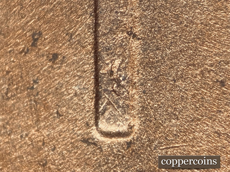 Die-stage B marker on 1952D•1DO•005 (1952 Doubled Die Obverse).
