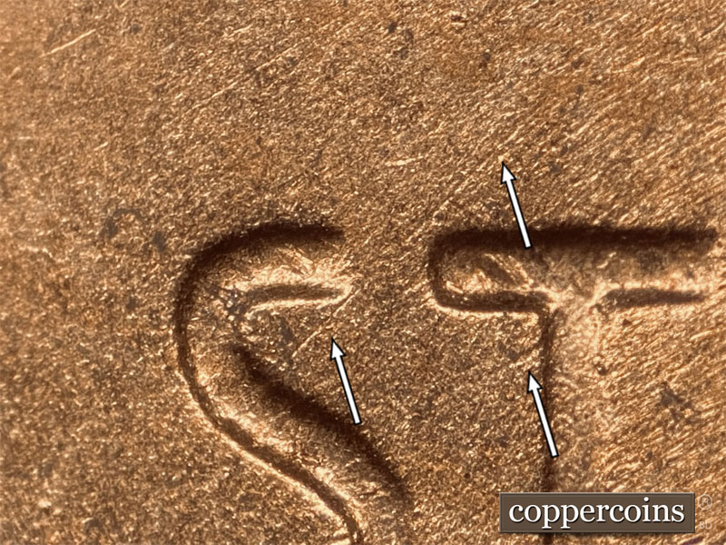 Die-stage B marker on 1952D•1DO•005 (1952 Doubled Die Obverse).