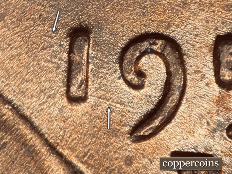 Die-stage B marker on 1952D•1DO•006 (1952 Doubled Die Obverse).
