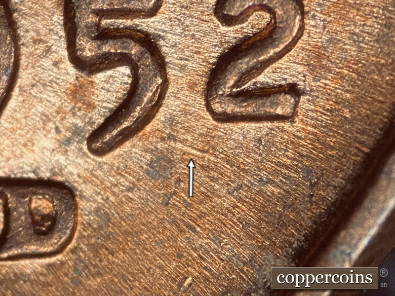 Die-stage B marker on 1952D•1DO•006 (1952 Doubled Die Obverse).