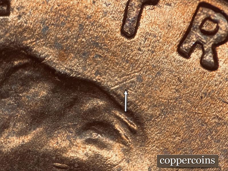 Die-stage B marker on 1952D•1DO•006 (1952 Doubled Die Obverse).