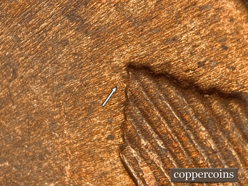 Die-stage B marker on 1952D•1DO•006 (1952 Doubled Die Obverse).