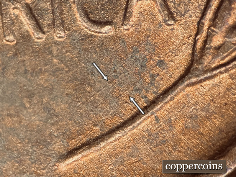 Die-stage B marker on 1952D•1DO•006 (1952 Doubled Die Obverse).