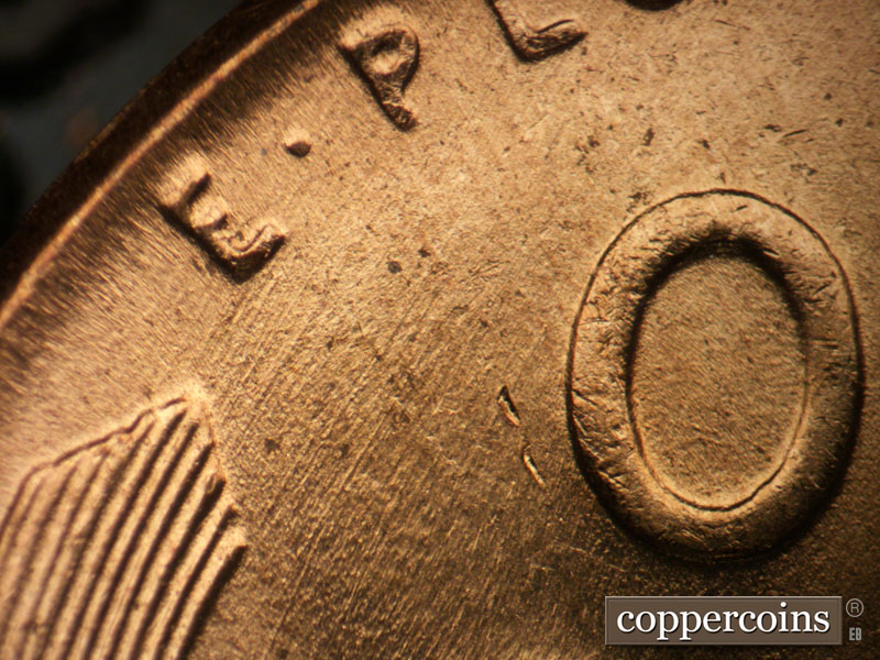 Die-stage B marker on 1952D•1DO•007 (1952 Doubled Die Obverse).