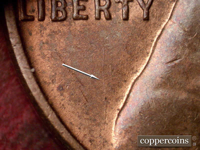 Die-stage B marker on 1952D•1DO•008 (1952 Doubled Die Obverse).