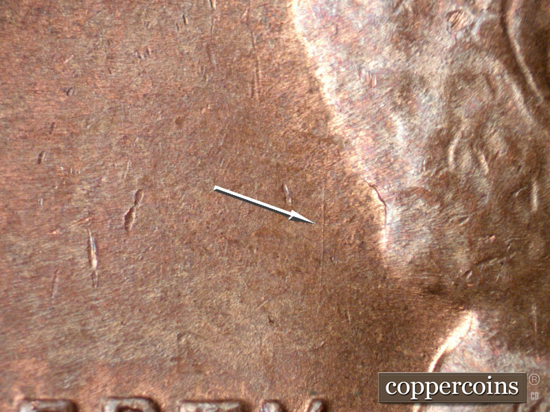 Die-stage B marker on 1952D•1DO•008 (1952 Doubled Die Obverse).