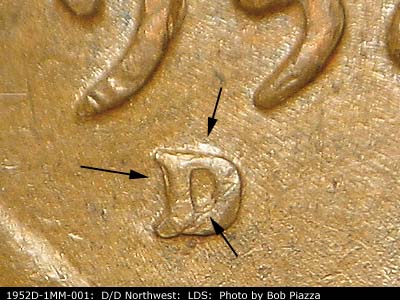 Die-stage C marker on 1952D•1MM•001 (1952 Repunched Mint Mark).