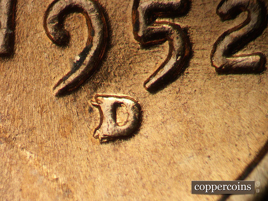 Die-stage A marker on 1952D•1MM•002 showing Closeup of repunched mintmark.