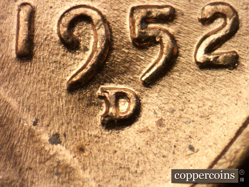 1952 Lincoln cent obverse, CopperCoins die 1952D•1MM•002.