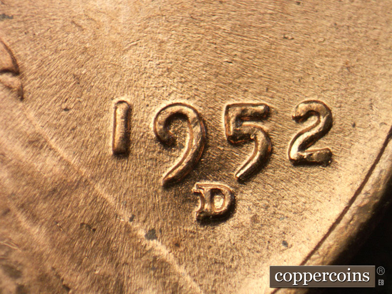 Die-stage B marker on 1952D•1MM•002 (1952 Repunched Mint Mark).