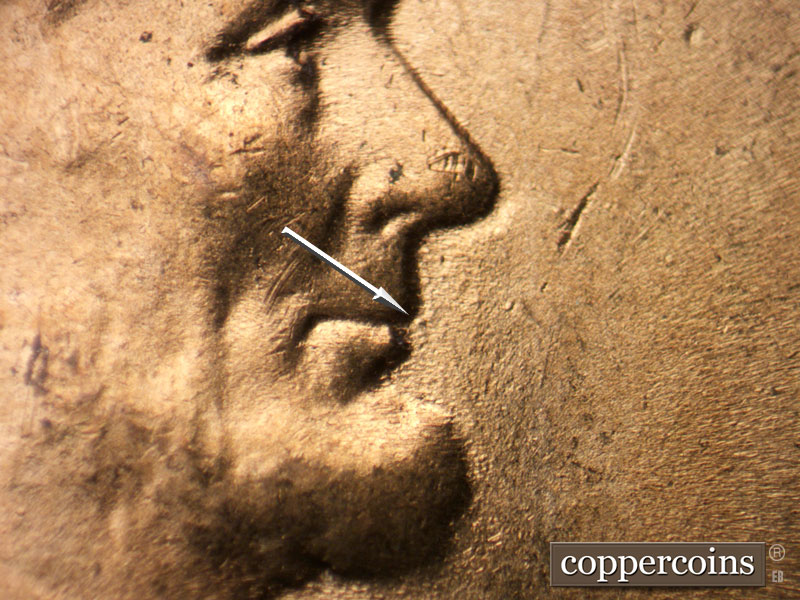 Die-stage B marker on 1952D•1MM•002 (1952 Repunched Mint Mark).