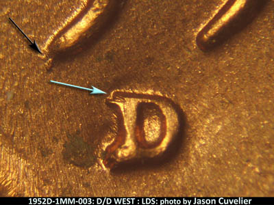 Die-stage C marker on 1952D•1MM•003 (1952 Repunched Mint Mark).