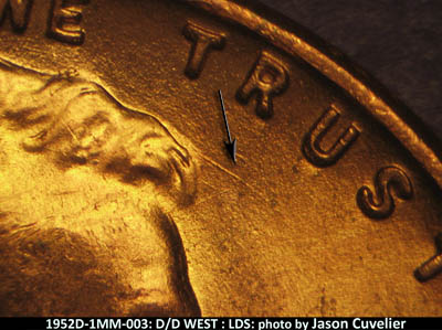 Die-stage C marker on 1952D•1MM•003 (1952 Repunched Mint Mark).