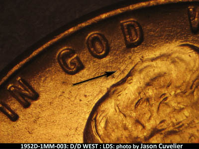 Die-stage C marker on 1952D•1MM•003 (1952 Repunched Mint Mark).