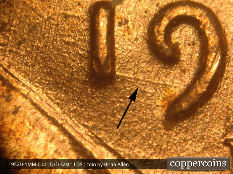 Die-stage C marker on 1952D•1MM•004 (1952 Repunched Mint Mark).