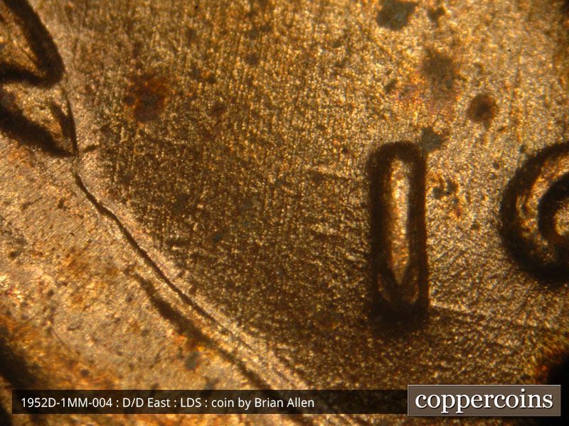 Die-stage C marker on 1952D•1MM•004 (1952 Repunched Mint Mark).