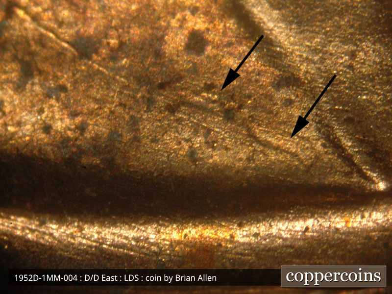Die-stage C marker on 1952D•1MM•004 (1952 Repunched Mint Mark).