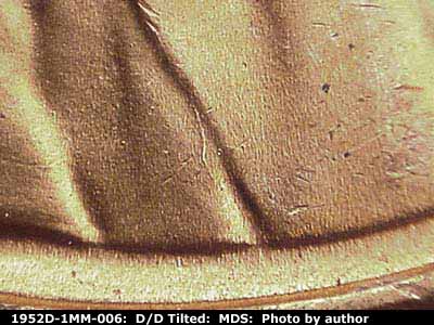 Die-stage B marker on 1952D•1MM•006 (1952 Repunched Mint Mark).