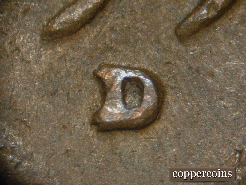 Die-stage B marker on 1952D•1MM•006 (1952 Repunched Mint Mark).