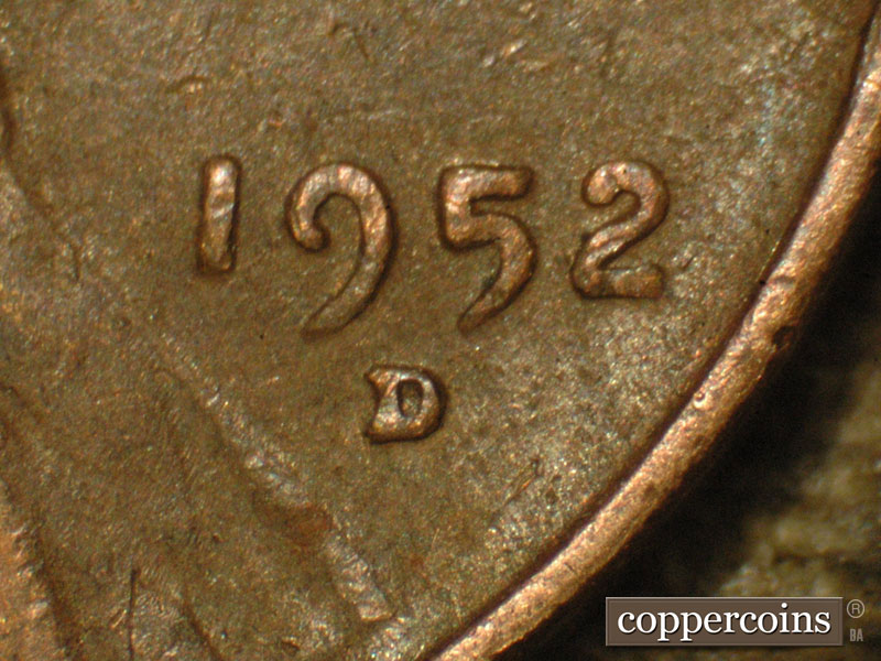 Die-stage B marker on 1952D•1MM•006 (1952 Repunched Mint Mark).