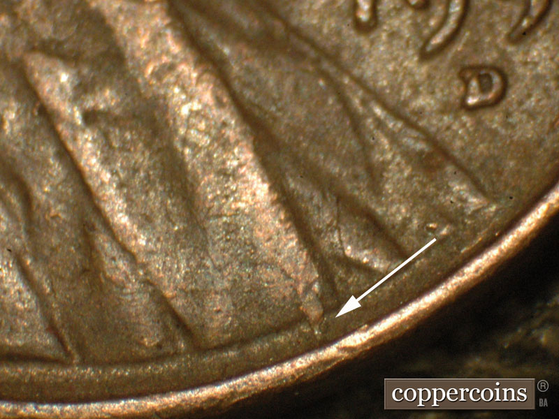 Die-stage B marker on 1952D•1MM•006 (1952 Repunched Mint Mark).