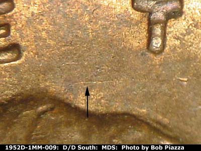 Die-stage B marker on 1952D•1MM•009 (1952 Repunched Mint Mark).