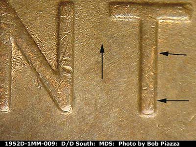 Die-stage B marker on 1952D•1MM•009 (1952 Repunched Mint Mark).