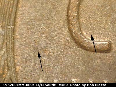 Die-stage B marker on 1952D•1MM•009 (1952 Repunched Mint Mark).