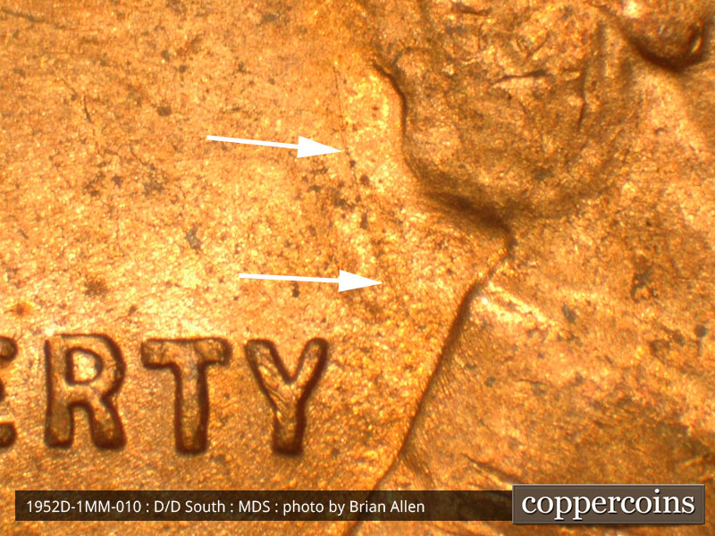 Die-stage B marker on 1952D•1MM•010 (1952 Repunched Mint Mark).