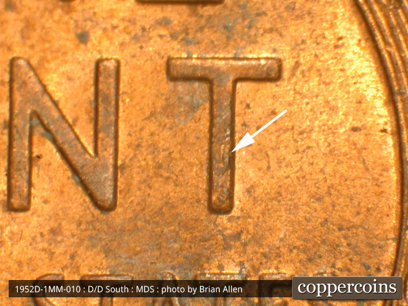 Die-stage B marker on 1952D•1MM•010 (1952 Repunched Mint Mark).