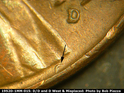 Die-stage B marker on 1952D•1MM•015 (1952 Repunched Mint Mark).