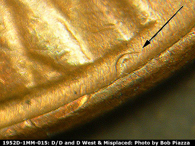 Die-stage B marker on 1952D•1MM•015 (1952 Repunched Mint Mark).