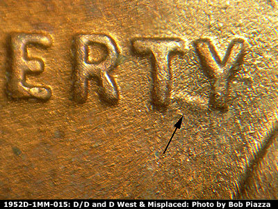 Die-stage B marker on 1952D•1MM•015 (1952 Repunched Mint Mark).
